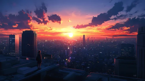 Sunset-illuminated megacity skyline with rooftop observer silhouette.