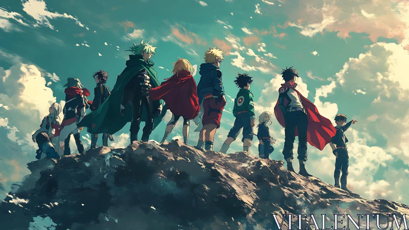 Young heroes stand on a rocky peak beneath a vast sky