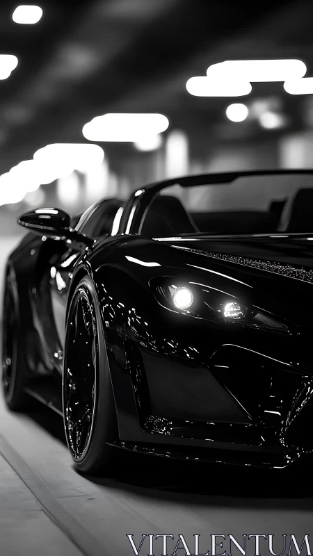 Low-angle view shows black sports car in dim tunnel lighting