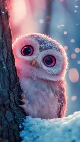 Snowy baby owl peers from frosted tree in pink twilight glow