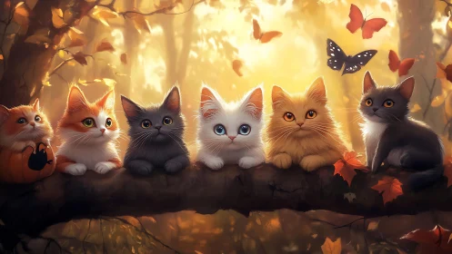 Six Kittens on Log: Digital Illustration with Autumn Lighting.