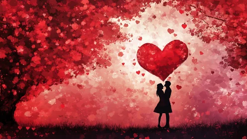 Silhouetted Couple with Large Heart Against Particle Background