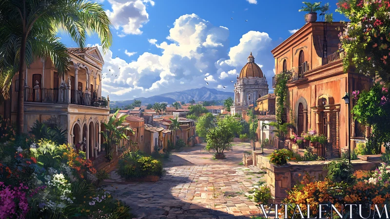 Digital painting of sunlit colonial street with lush gardens.