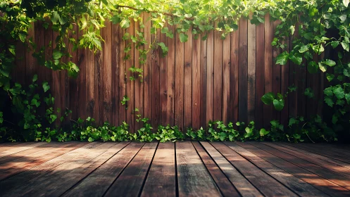 Sunlit timber deck with verdant ivy boundary treatment.