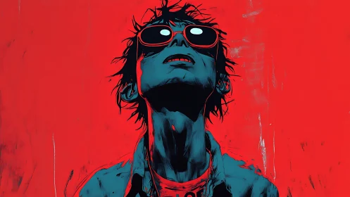 Silhouetted figure in red sunglasses stares upward against red