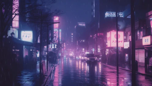 Neon lit rainy city street with vehicles and commercial signs.