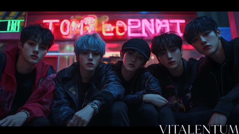 Neon night crew resting under glowing city lights.