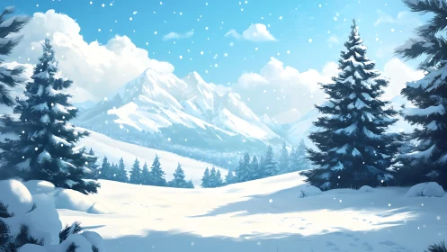 Snow covered pine forest beneath bright alpine mountains.