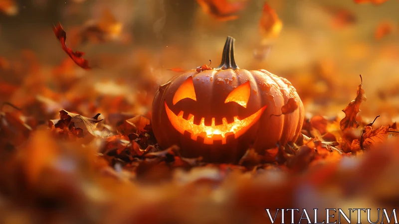 Glowing jack o lantern amid swirling autumn leaves at dusk.