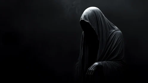 Hooded spectral figure in low key monochrome digital rendering