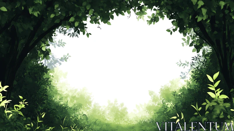 Sunlit forest clearing with vibrant green foliage, digital art.