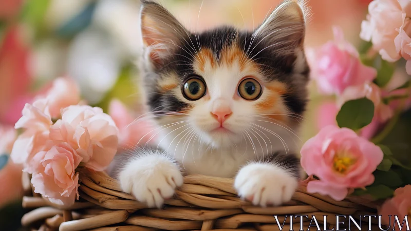 Calico Kitten in Flower Garden with Attentive Expression.