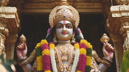 Divine Hindu deity sculpture with garlands and gold decor.