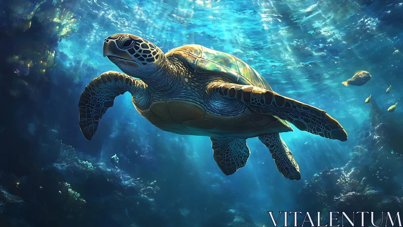 Gentle sea turtle gliding through sunlit underwater blues.