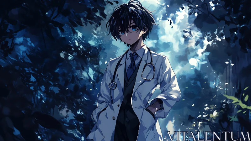 Serious young anime doctor standing in a dark forest path.