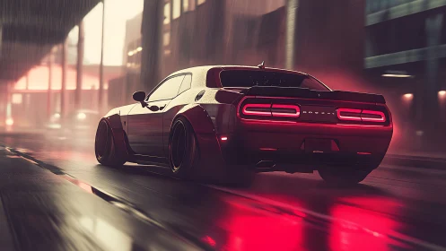 Rear-wheel muscle car accelerates through neon-lit rain-soaked street
