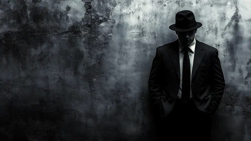Man in dark suit and fedora leaning on grungy concrete wall.