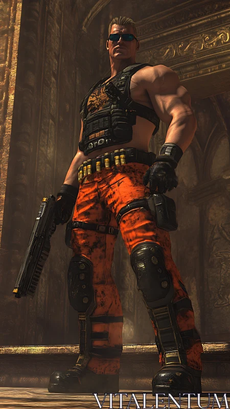 Armored action hero in orange tactical gear, low-angle render.
