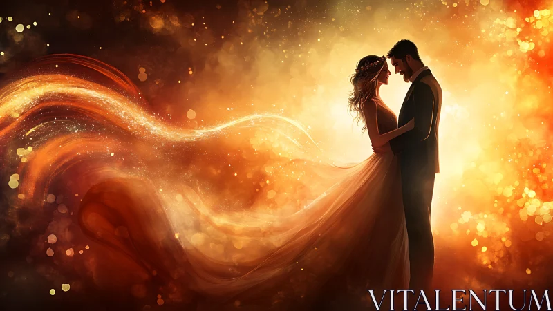 Couple Embracing in Golden Light Against Swirling Energy.