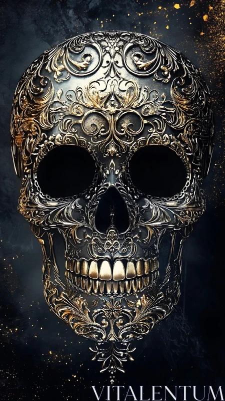 Ornate metallic skull with intricate gold filigree design.