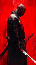 Solitary swordsman in black against uniform red backdrop.