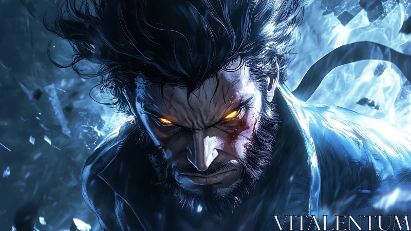 Intense bearded antihero with glowing eyes in battle scene.