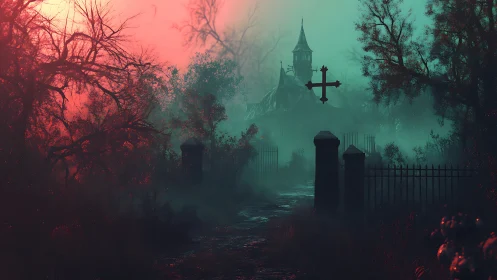 Chromatic fog veiling decayed chapel and corroded ironwork.