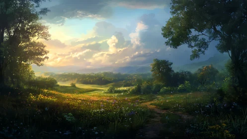 Digital painting landscape with luminous meadow perspective.