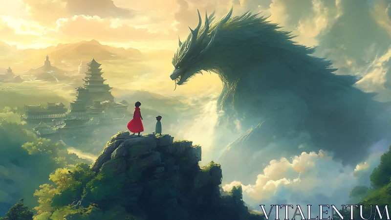 Child and dragon meet on cliff above misty temple valley.