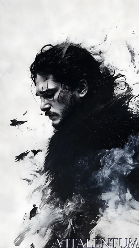 Brooding warrior silhouette dissolves into storm crows