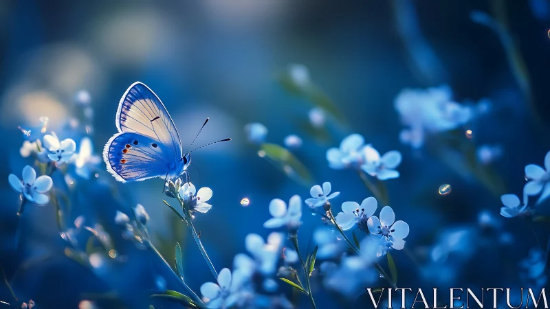 Macro noctilucent butterfly on blue wildflower bokeh field.