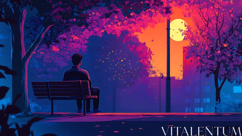 Solitary figure contemplates a neon dusk in a quiet city park