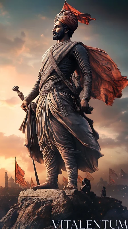 Heroic warrior statue dominates sunset battlefield panorama