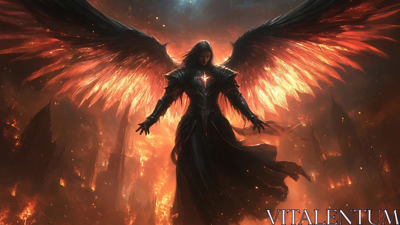 Dark angel with flaming wings descends over burning city.