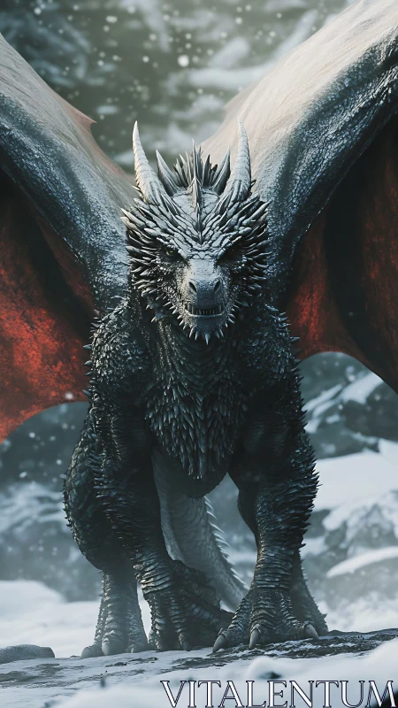 Frost-covered black dragon with crimson wings in snowfall.