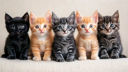 Five kittens in multiple color patterns positioned in frontal alignment.