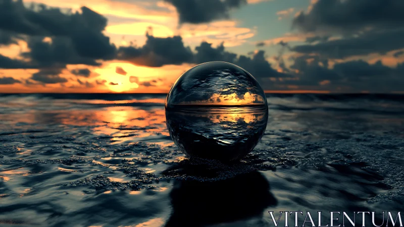 Glass sphere mirrors dramatic seascape at fiery sunset.