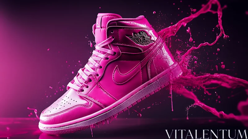 Hot pink sneaker splash in vivid sports product render.