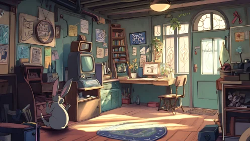 Rabbit studies vintage computer inside sunlit studio workshop