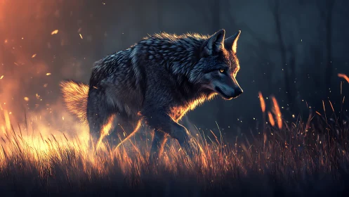 Emberlit lone wolf prowling through dusk-touched wildfire glow.