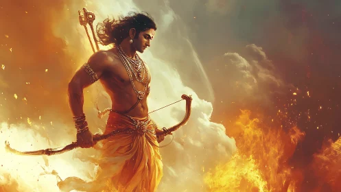 Warrior archer stands amid swirling clouds and flames