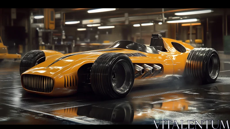 Retro-futurist single-seat racer with exposed turbines in garage