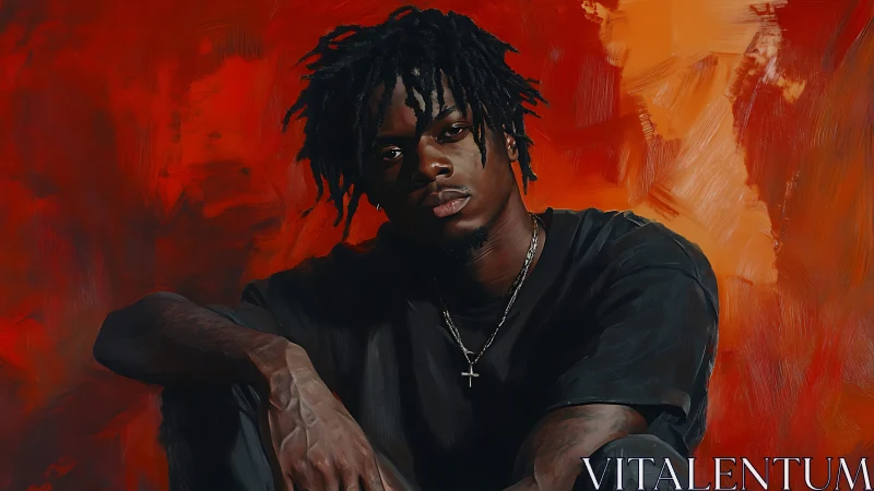 Moody draped figure against a storm-bright ember backdrop.