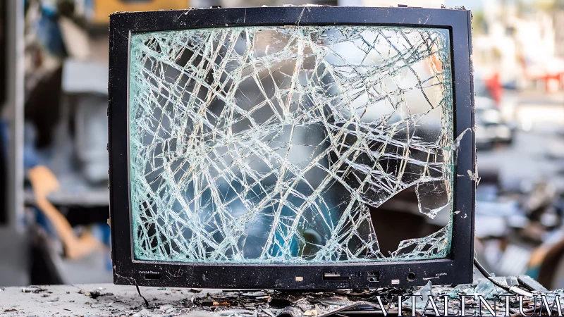 Shattered CRT television with webbed broken glass screen.