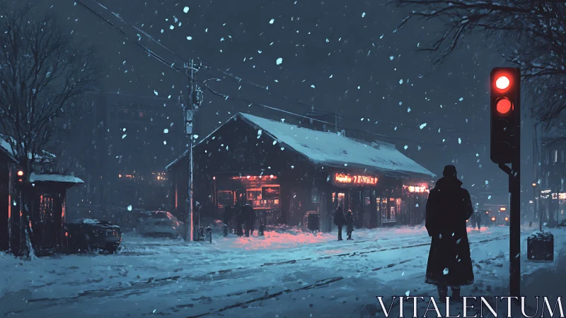 Snowy city street with lone figure at red traffic light.