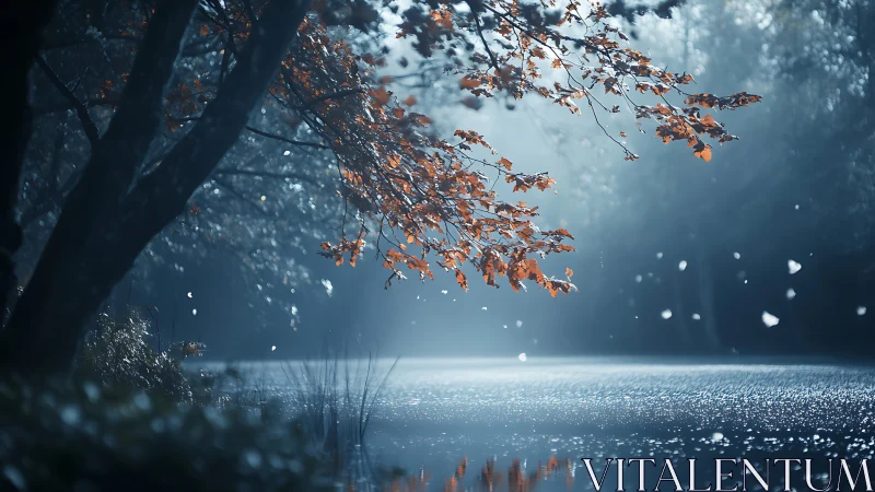 Autumn leaves over misty lake under soft blue light.