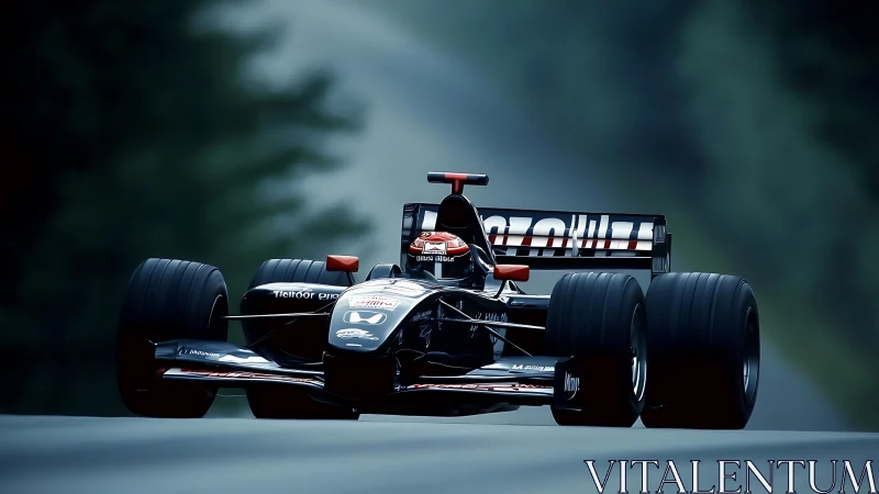 Sleek black Formula race car charges through misty circuit.
