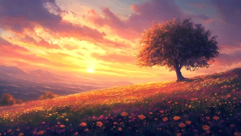 Solitary tree on flowered hillside under vivid sunset sky.