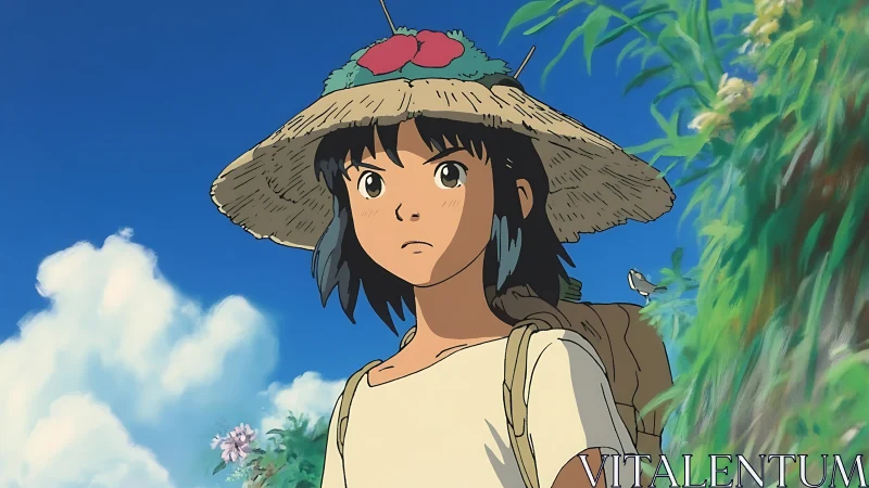 Young traveler in straw hat under clear daytime sky.