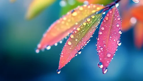 Dewy rainbow-tinted leaves glow against a soft blue bokeh.